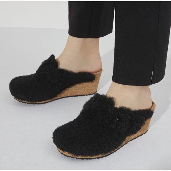 Birkenstock Shoes - Birkenstock Papillion Black Shearling Cork Wedge Clog Mule EU 38 US 7 Wm’s NWT